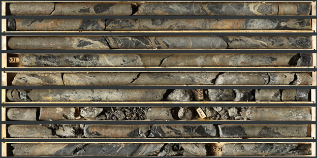 Photo 1: High resolution orce scanning image of sphalerite-pyrite-siderite veins and semi-massive sulphide mineralization in NB23-008 (327.5 m to 337.2 m).