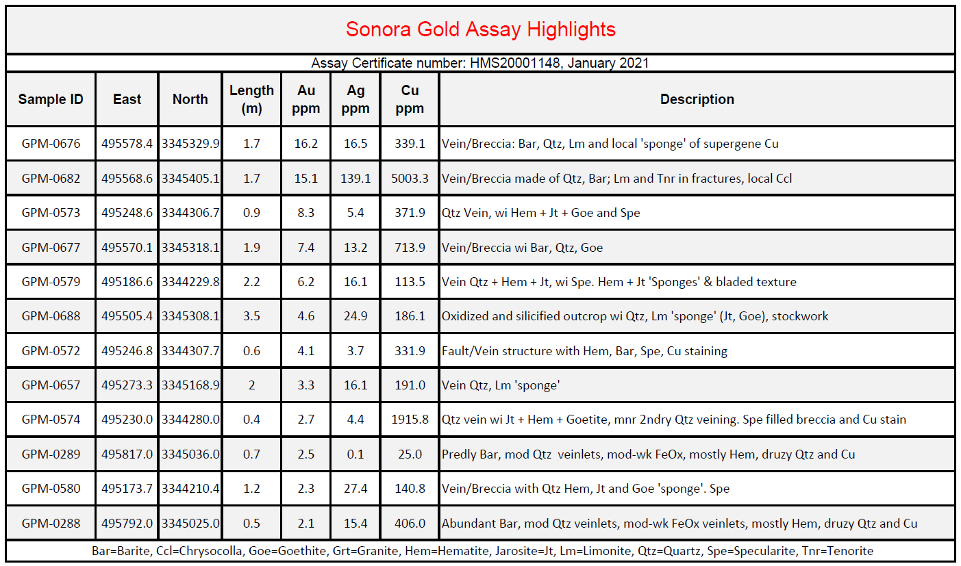 Sonora Gold Assay Highlights