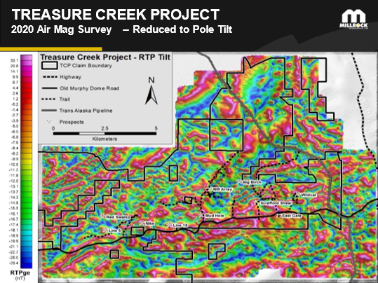 Figure 3: Airborne magnetic map from recently completed survey. The magnetic map indicates areas of intrusive rocks and structures that assist in tracing gold mineralization. Historic prospect locations are shown.