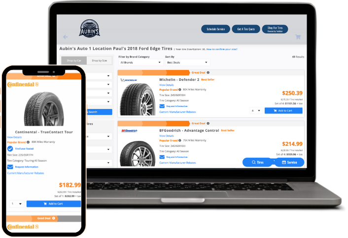 TireTutor's robust tire catalog allows customers to shop and buy tires on a local dealer's website.