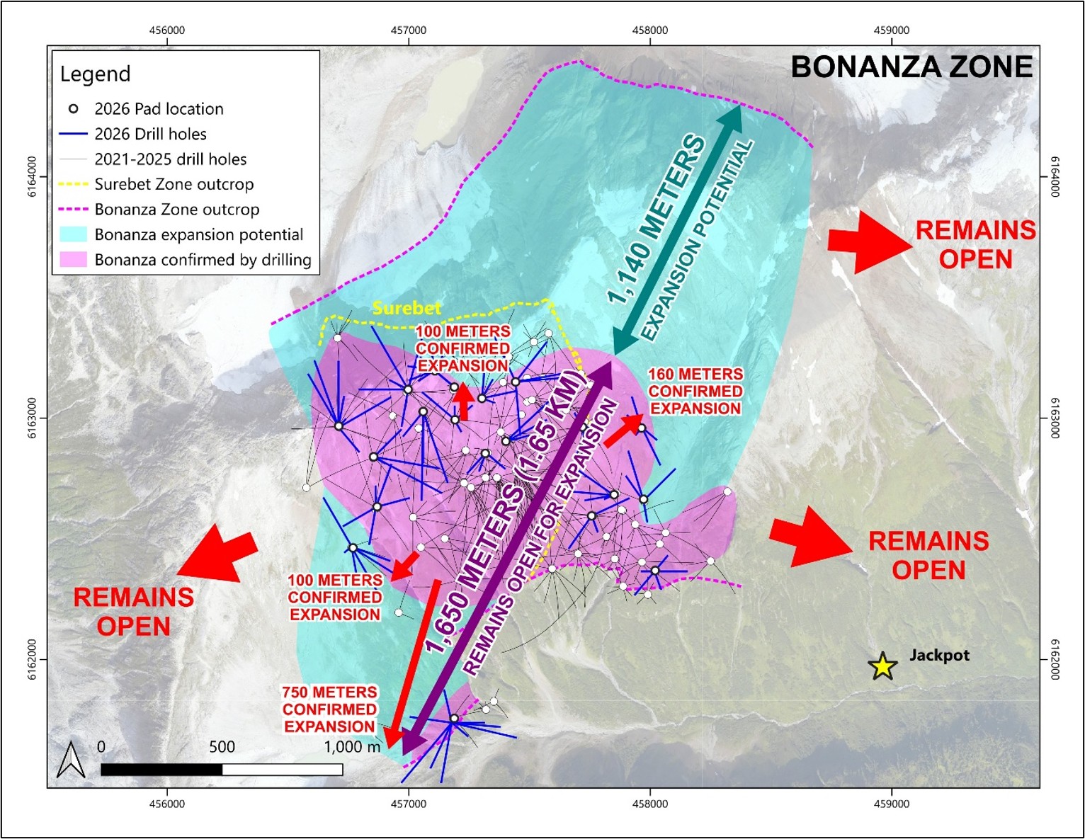 Plan view map highlighting the expansion of the Bonanza Zone thus far in 2026
