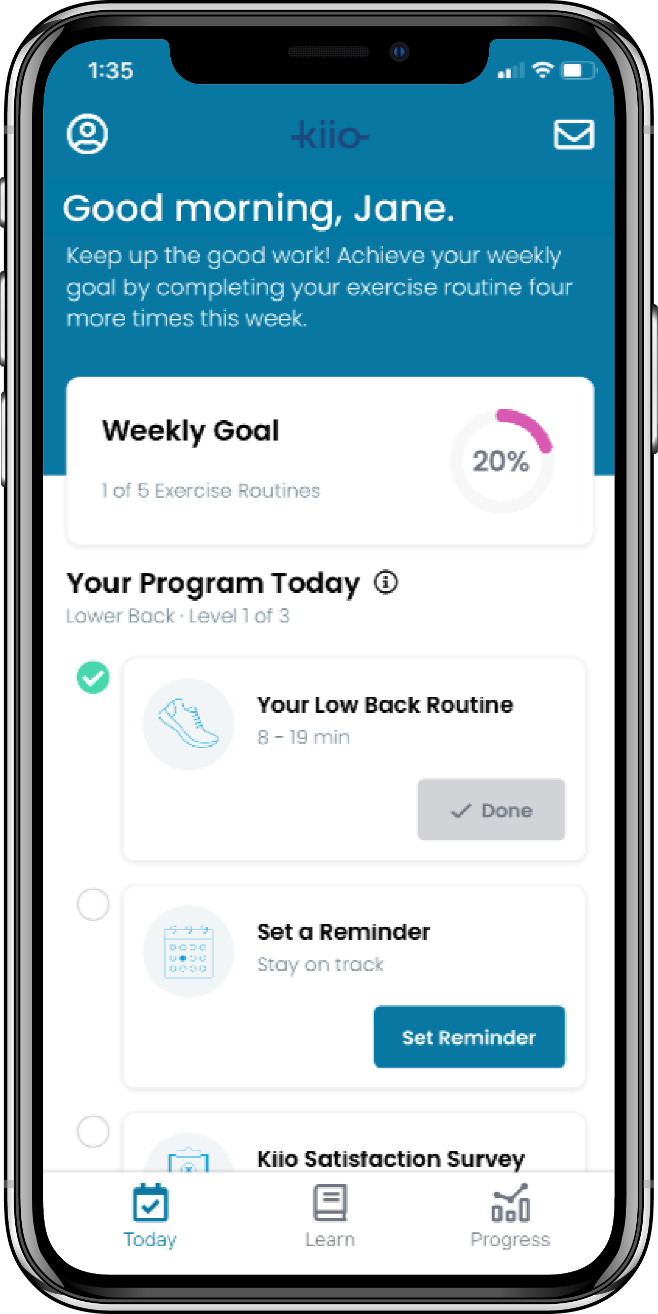 Kiio’s simple, easy and effective digital MSK pain management and prevention creates an individualized program tailored to each member's type of pain, sets goals, monitors progress and advances members as they feel better.