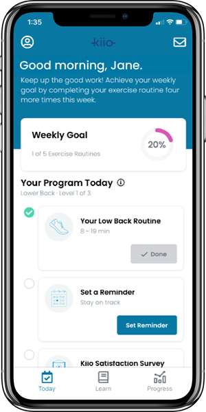 Kiio’s simple, easy and effective digital MSK pain management and prevention creates an individualized program tailored to each member's type of pain, sets goals, monitors progress and advances members as they feel better.