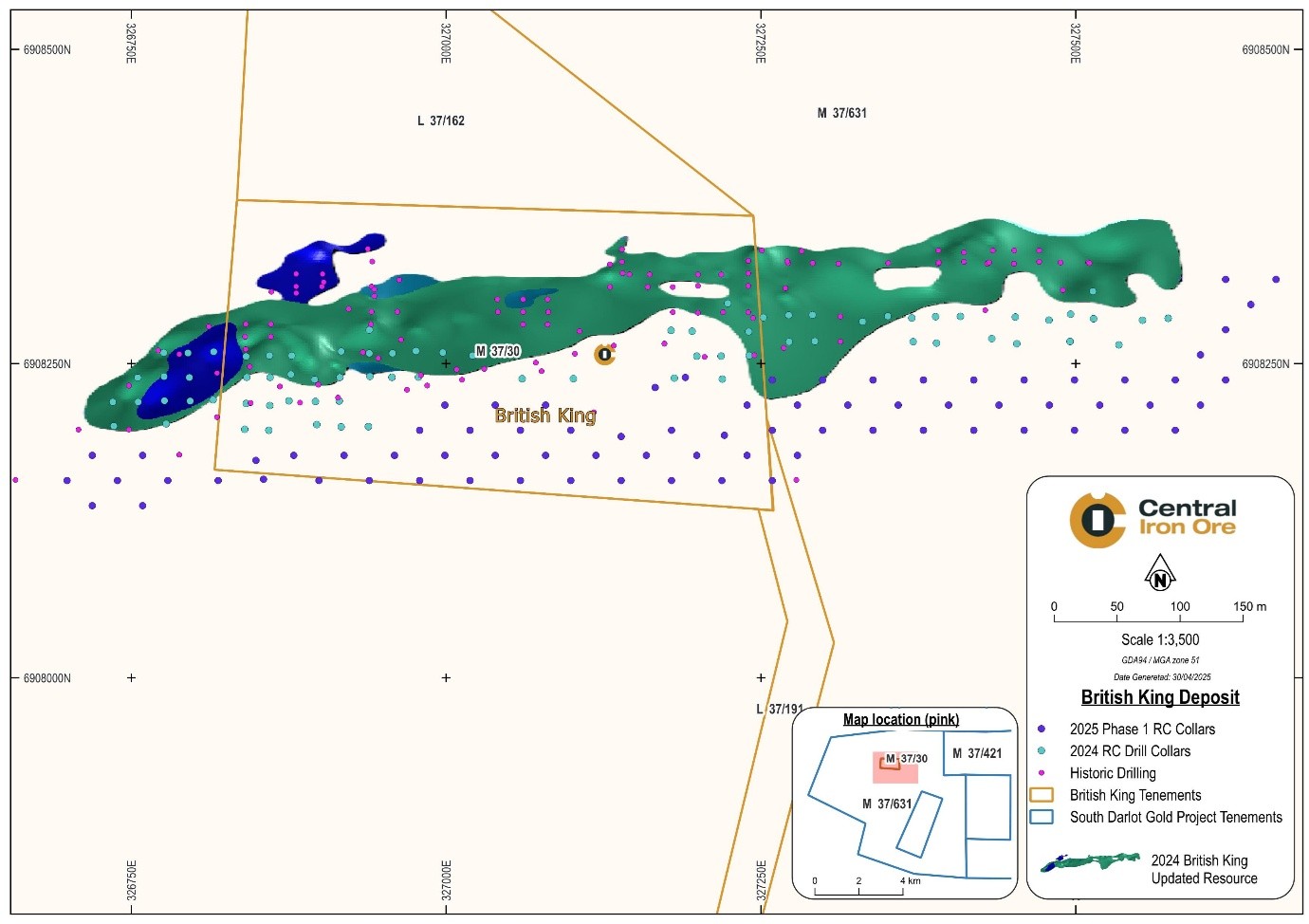 RC drillholes drilled at the British King project during Q2 are indicated in dark blue. Light blue and Pink show the 2024 and historical drill collars.