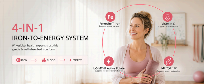 Vegan iron supplement capsules with Ferrochel iron bisglycinate, methyl B12 and active folate for women's wellness routines