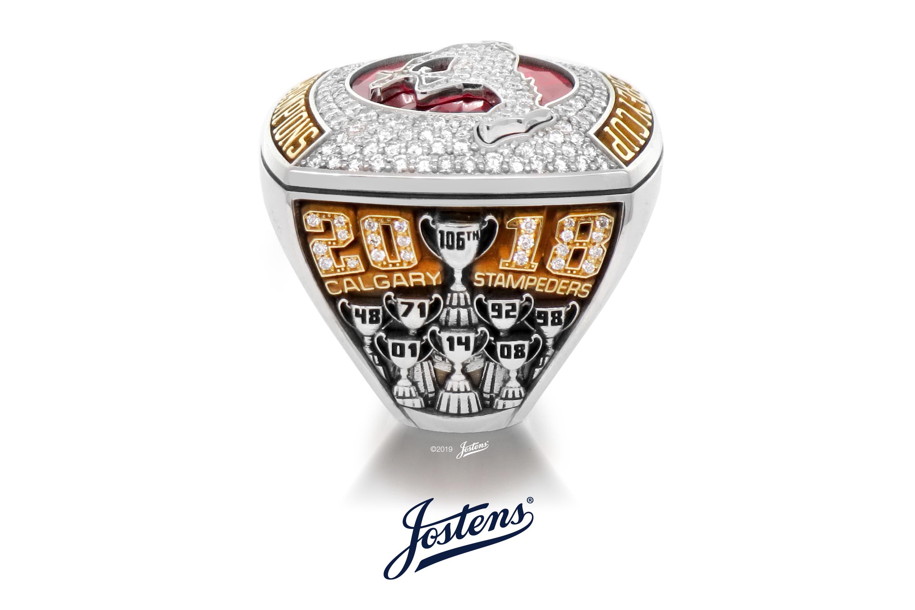 Side detail of Calgary Stampeders 2018 Grey Cup Championship Ring, created by Jostens. 