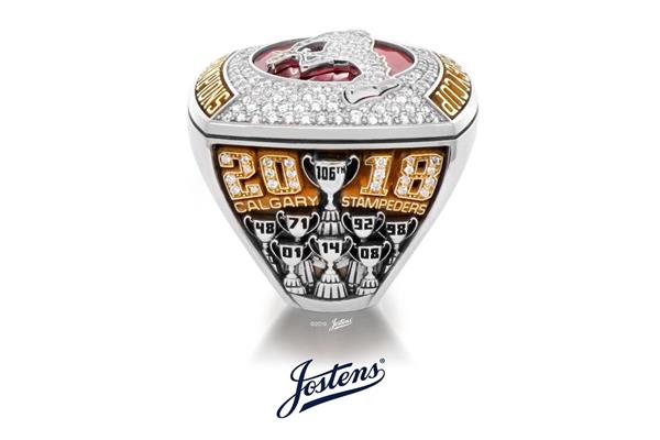 Side detail of Calgary Stampeders 2018 Grey Cup Championship Ring, created by Jostens. 