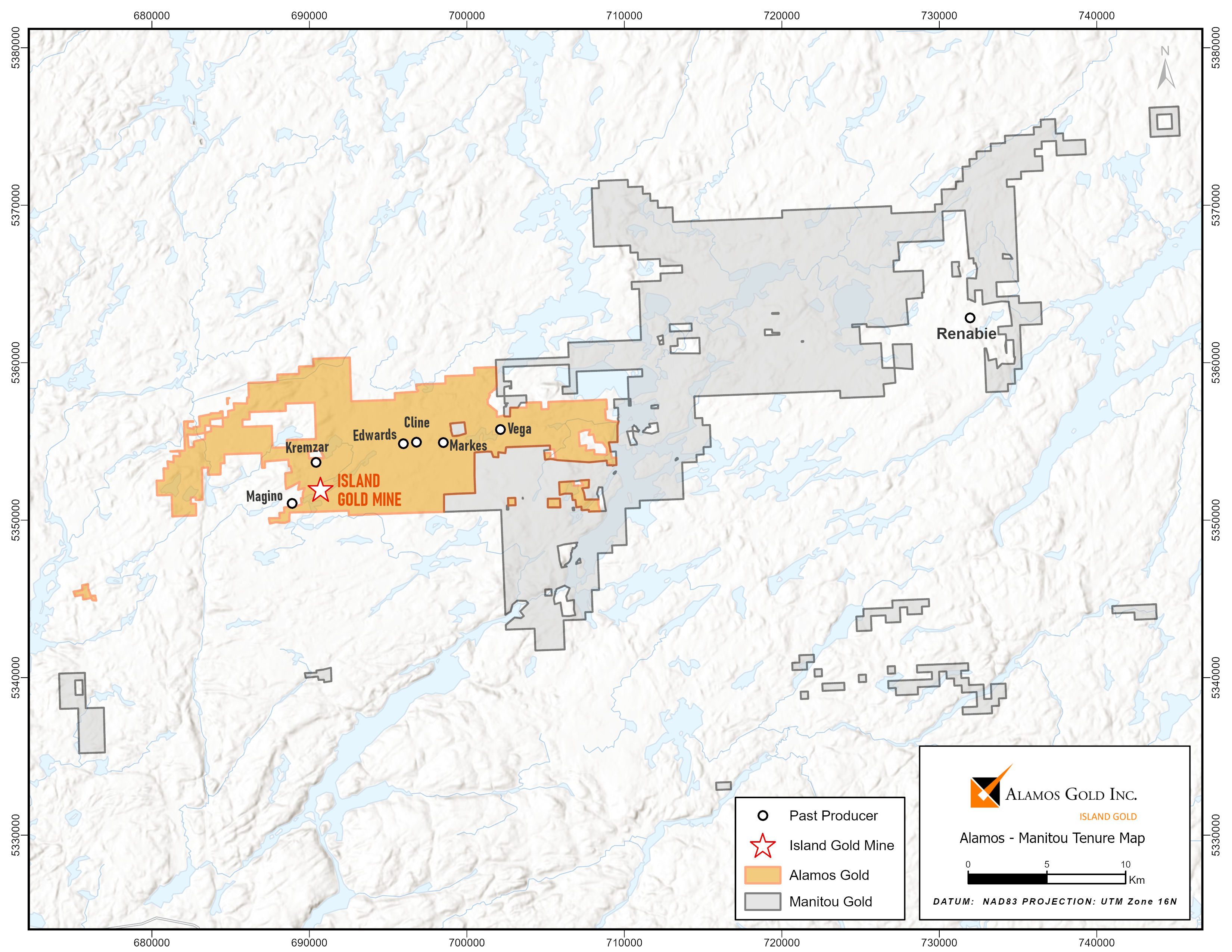 Figure 1 Alamos Gold and Manitou Gold Land Tenure Map