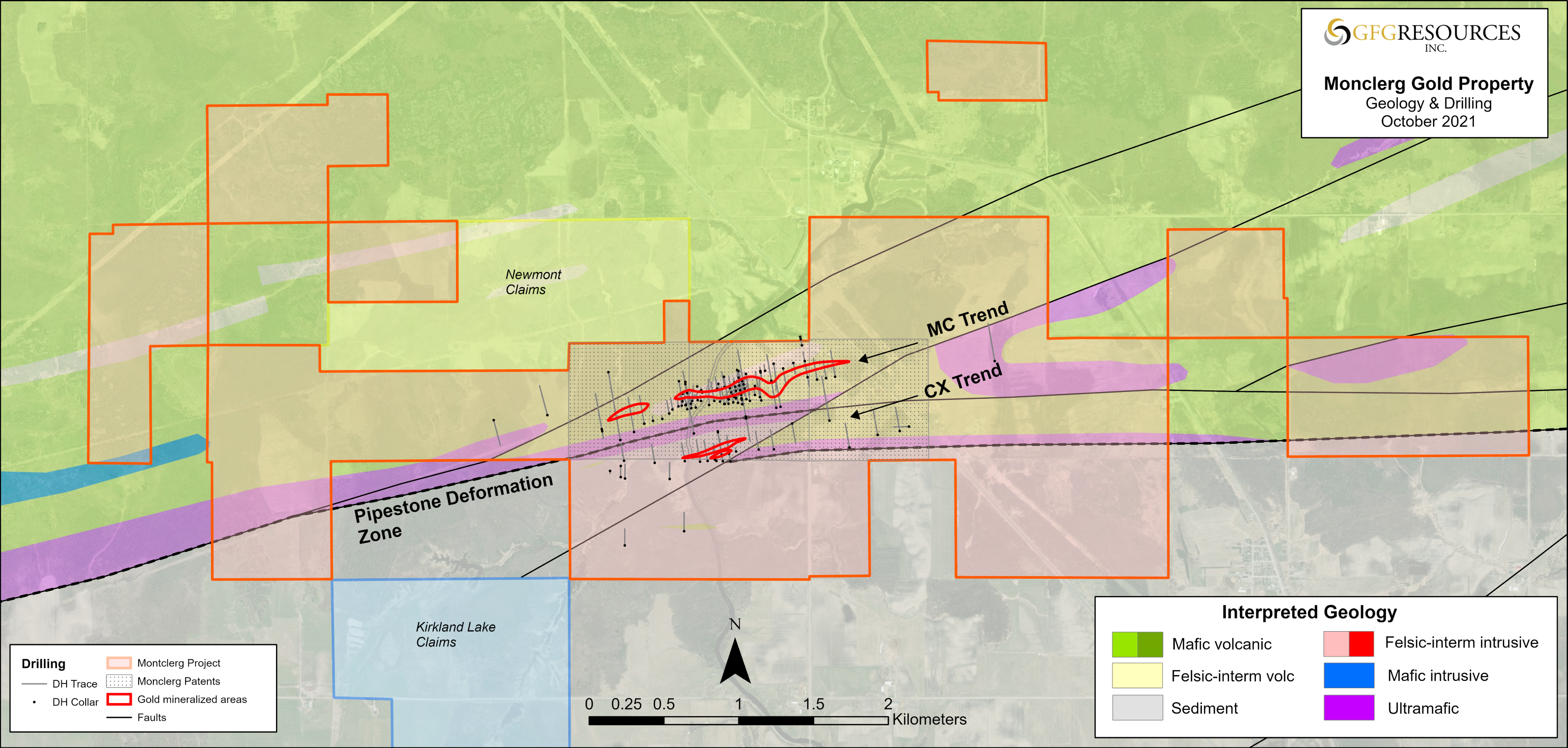 Figure 2: Montclerg Gold Project Geology Map with Historic Drill Holes 