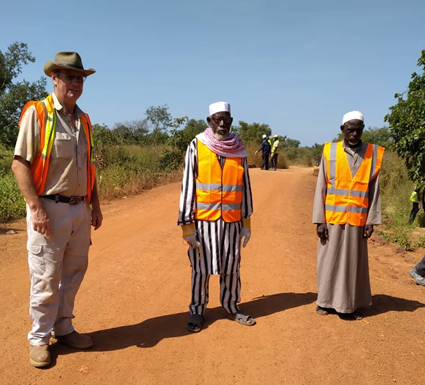 Groundbreaking ceremony. From left to right: Mr Vince Andrews (Camp Manager, AGG), Lansine Diawara (Chief of Samaya) and Dantouma Diawara (Chief of Kobada)