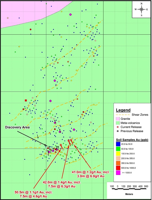 Figure 3 – New Gold Discovery Soil Geochemistry and Geology