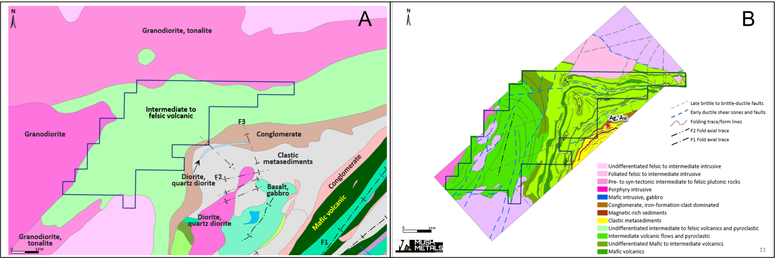 Figure 1: Map A GSC Map Red Lake, 2004. Map B re-interpretation by Orix integrating magnetic features and re-interpretation of geology and structure.