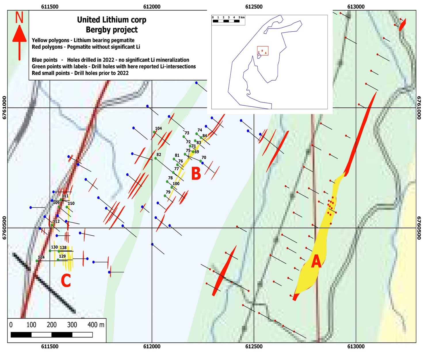 Geology Map showing the location of lithium bearing pegmatites A, B and C as well as drill holes and barren pegmatites.