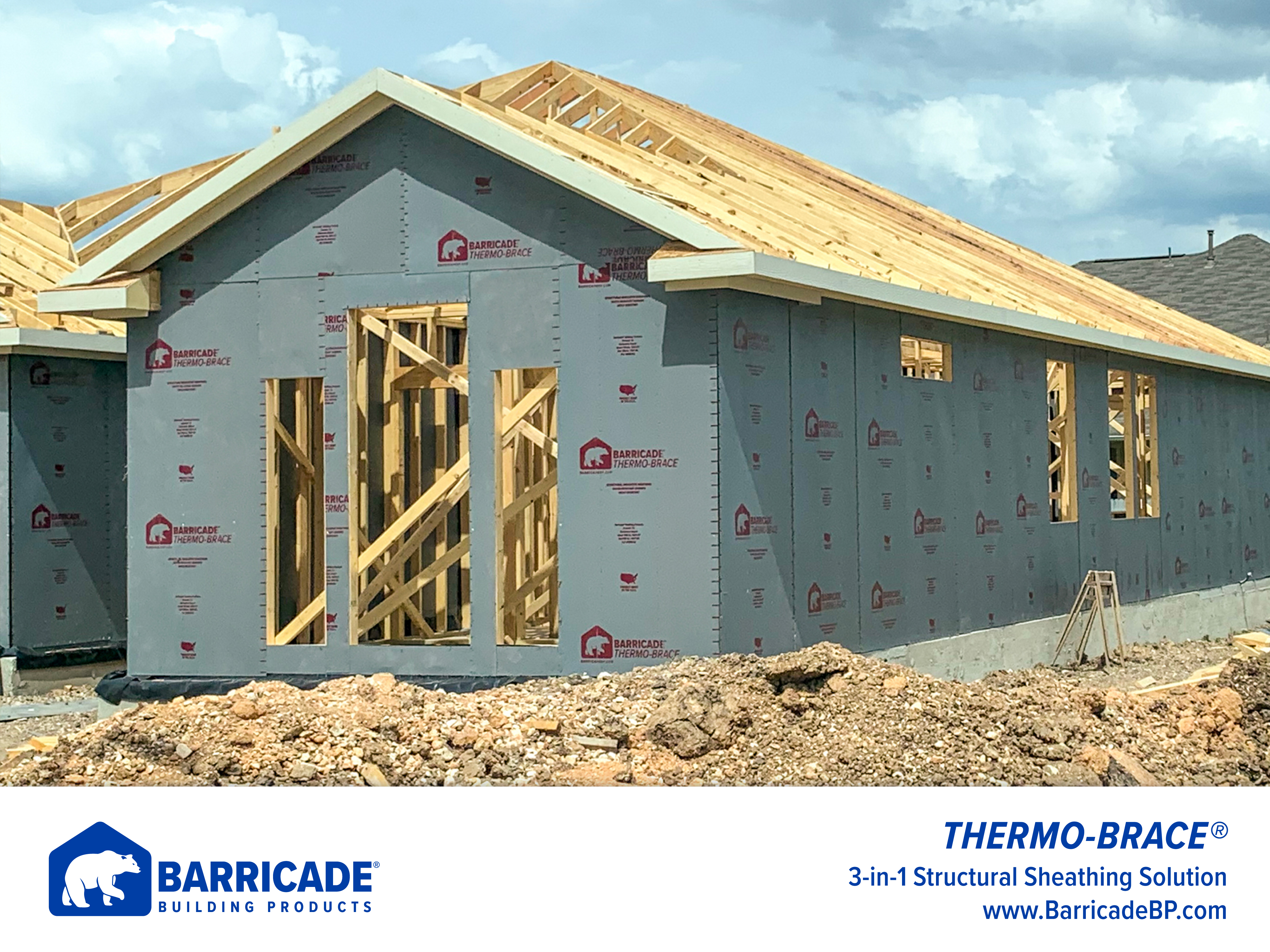 Barricade Thermo-Brace 3-in-1 structural sheathing being used on a jobsite.