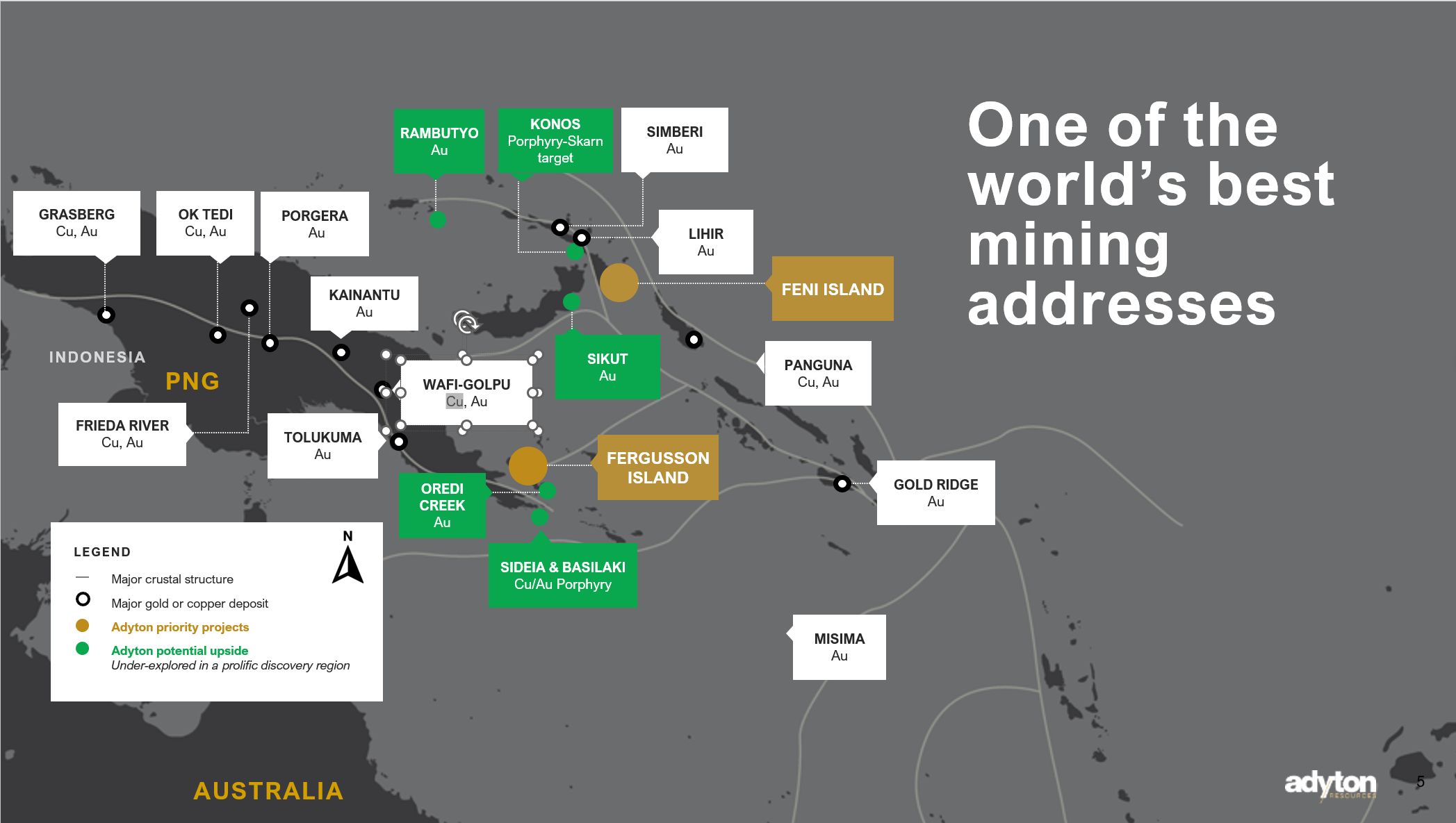 Map showing the location of Adyton’s Papua New Guinea exploration projects relative to significant PNG gold projects.