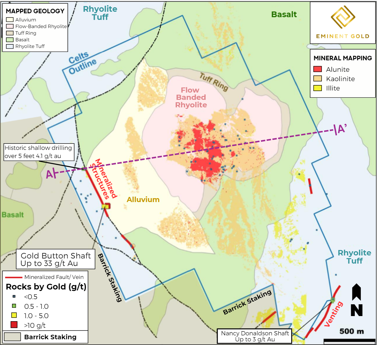 Fig 2. Geology, alteration, and vein map with alteration minerals obtained by hyperspectral imaging 