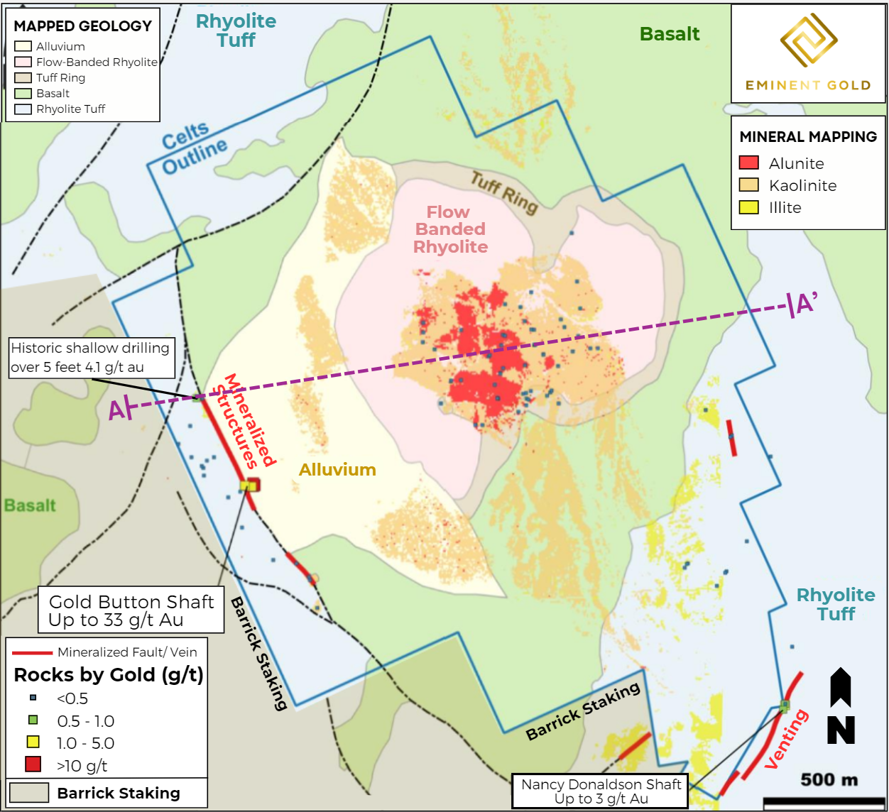 Fig 2. Geology, alteration, and vein map with alteration minerals obtained by hyperspectral imaging