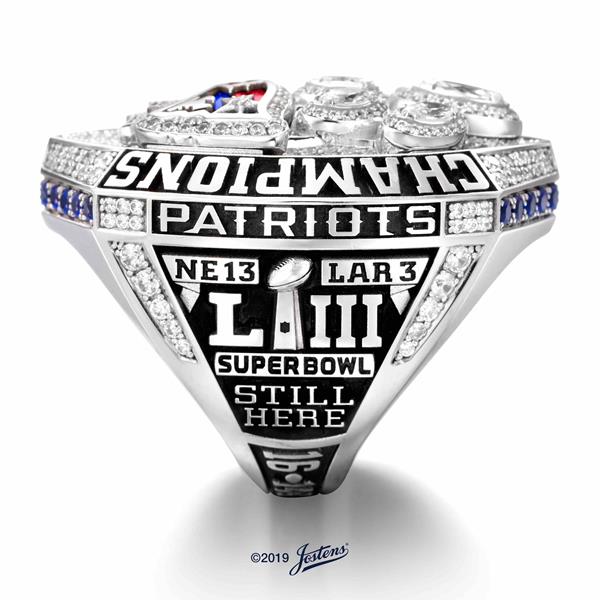 Side view of the New England Patriots 2018 Super Bowl LIII Championship ring, designed by Jostens.