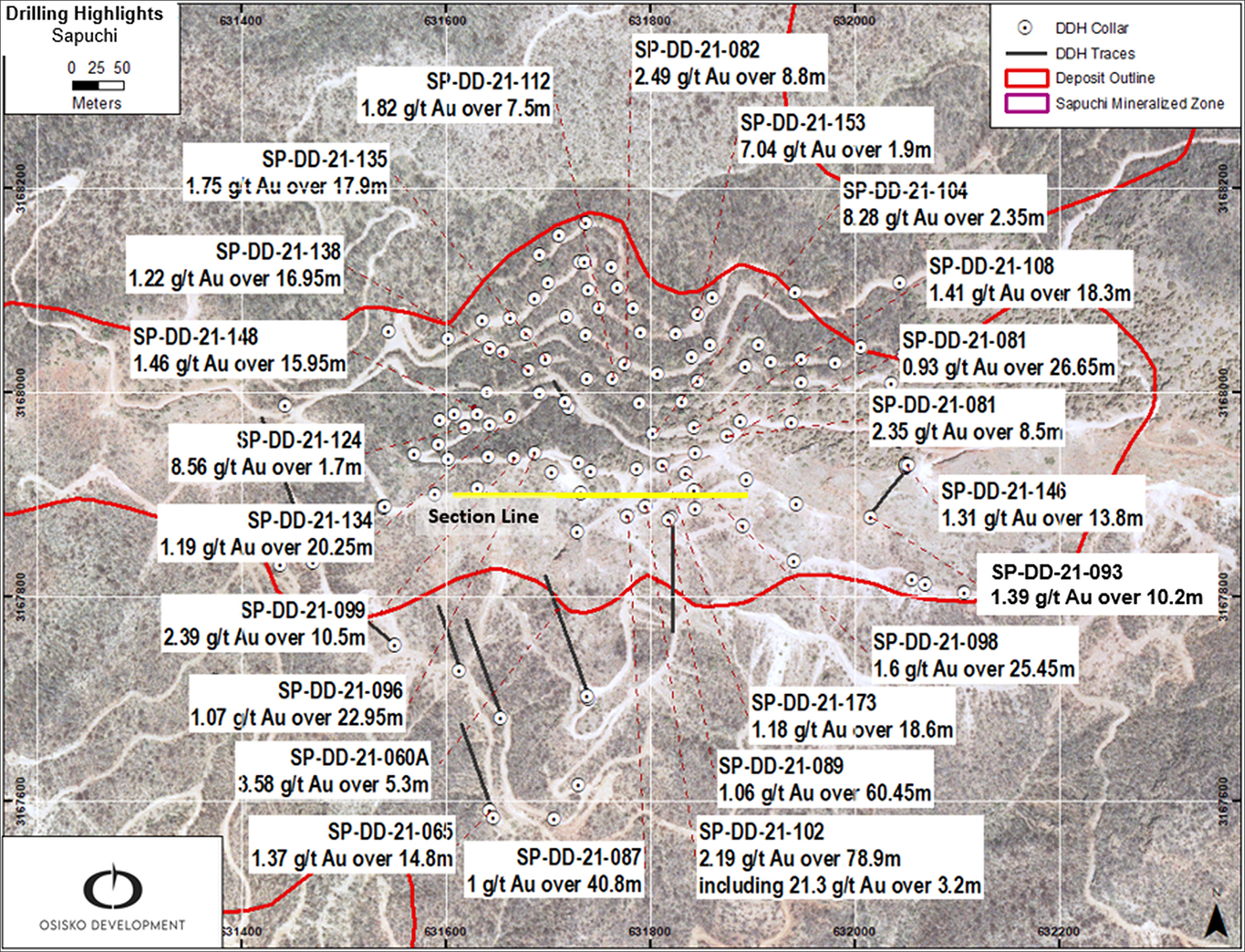 Figure 4: Sapuchi plan map with select drilling highlights