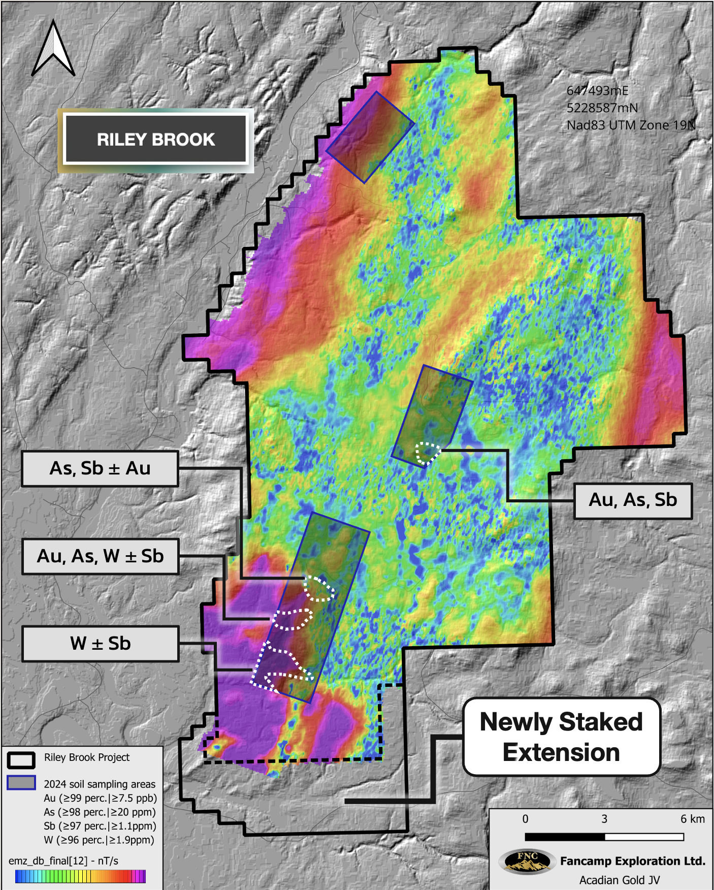 Figure 3: Riley Brook coincident EM and soil geochemical anomaly.