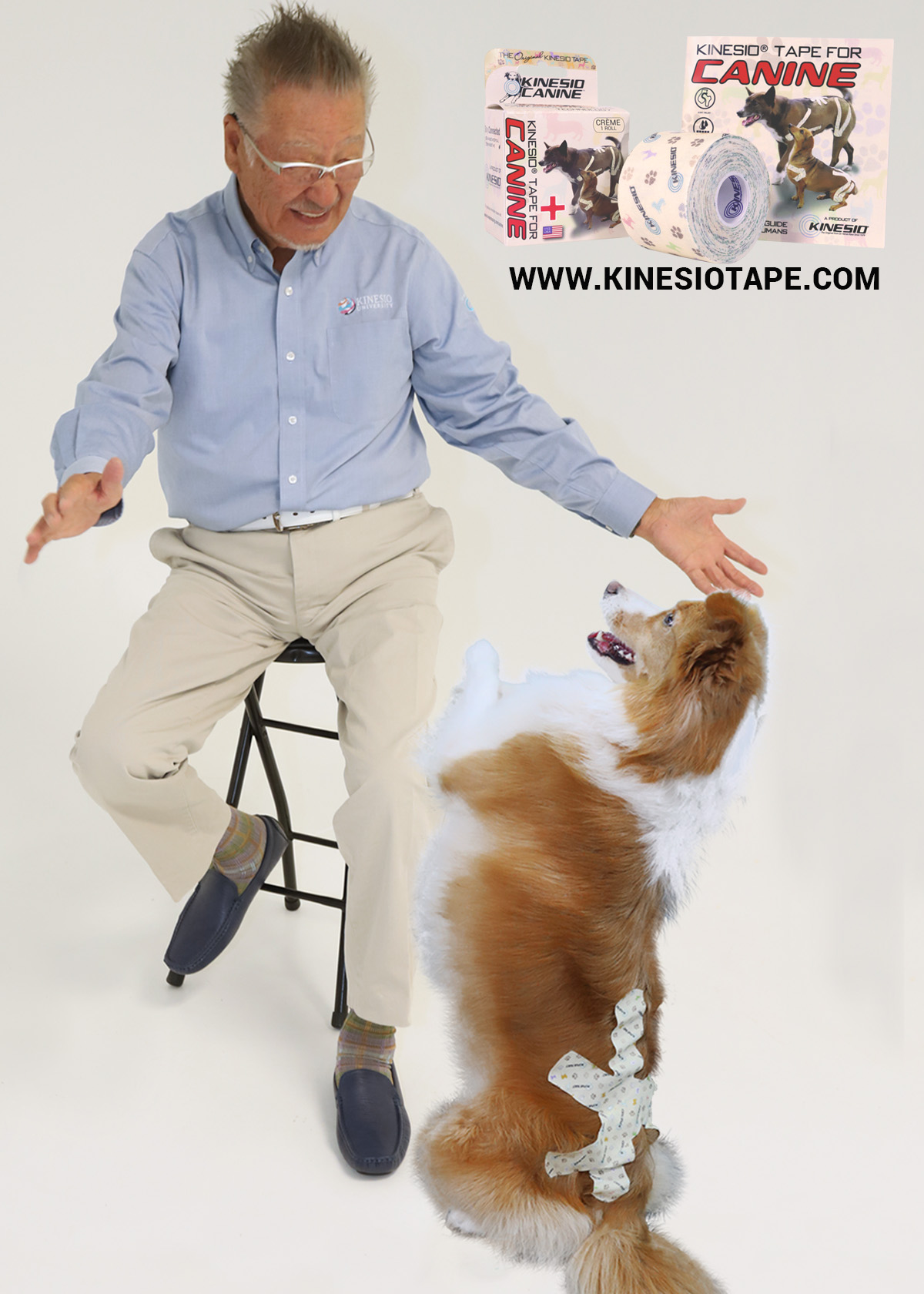 Dr. Kenzo Kase, inventor of elastic therapeutic taping and Founder of Kinesio with a furry friend