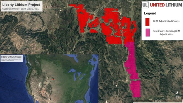 Liberty Lithium Project Lode Claims (red and pink), Custer and Pringle, Black Hills, South Dakota, USA