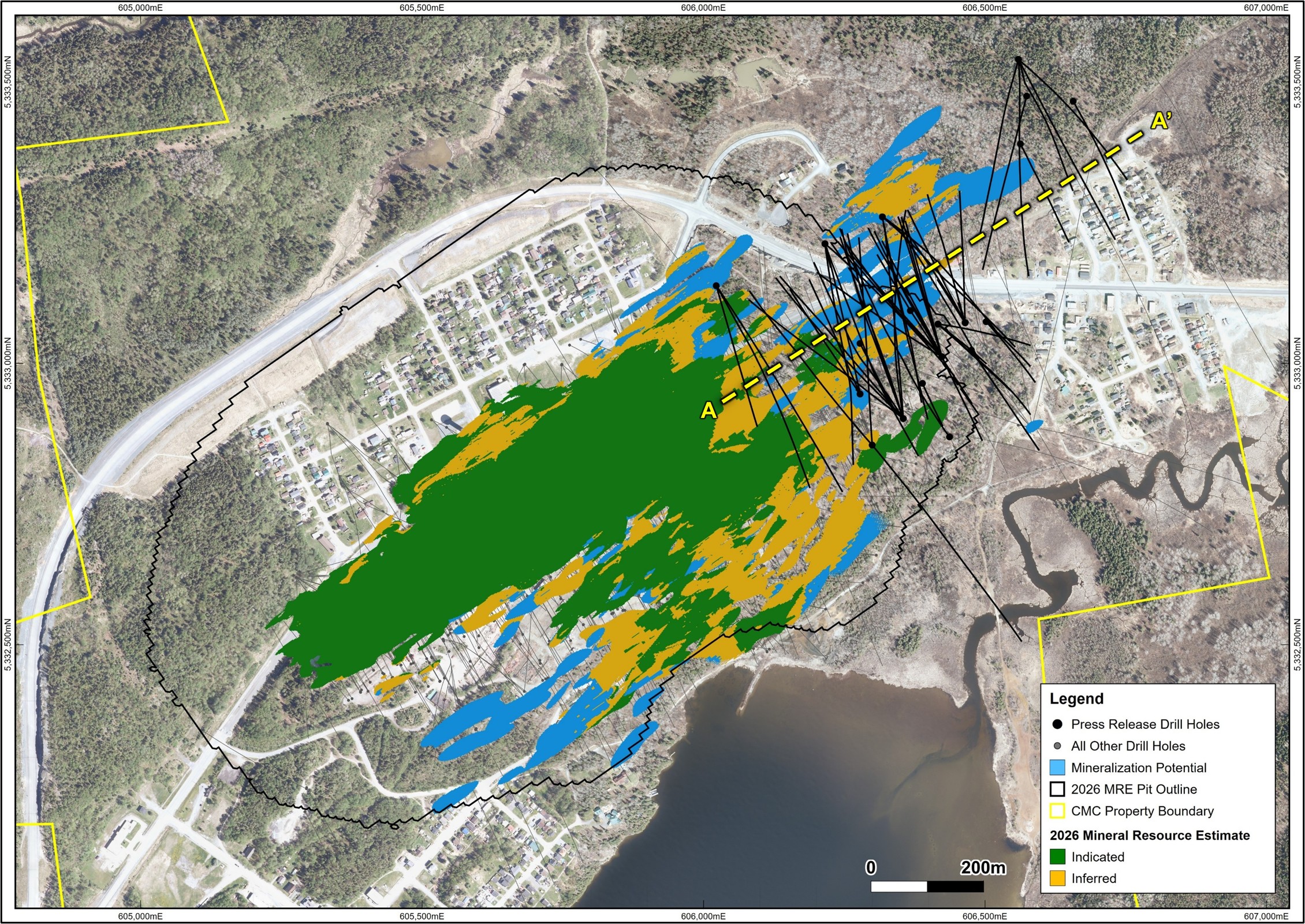 Plan Map of all drill hole locations from this release, surface projection of 2026 Mineral Resource Estimate (MRE) with MRE pit outline at surface and section lines for the A-A' presented in the current release.