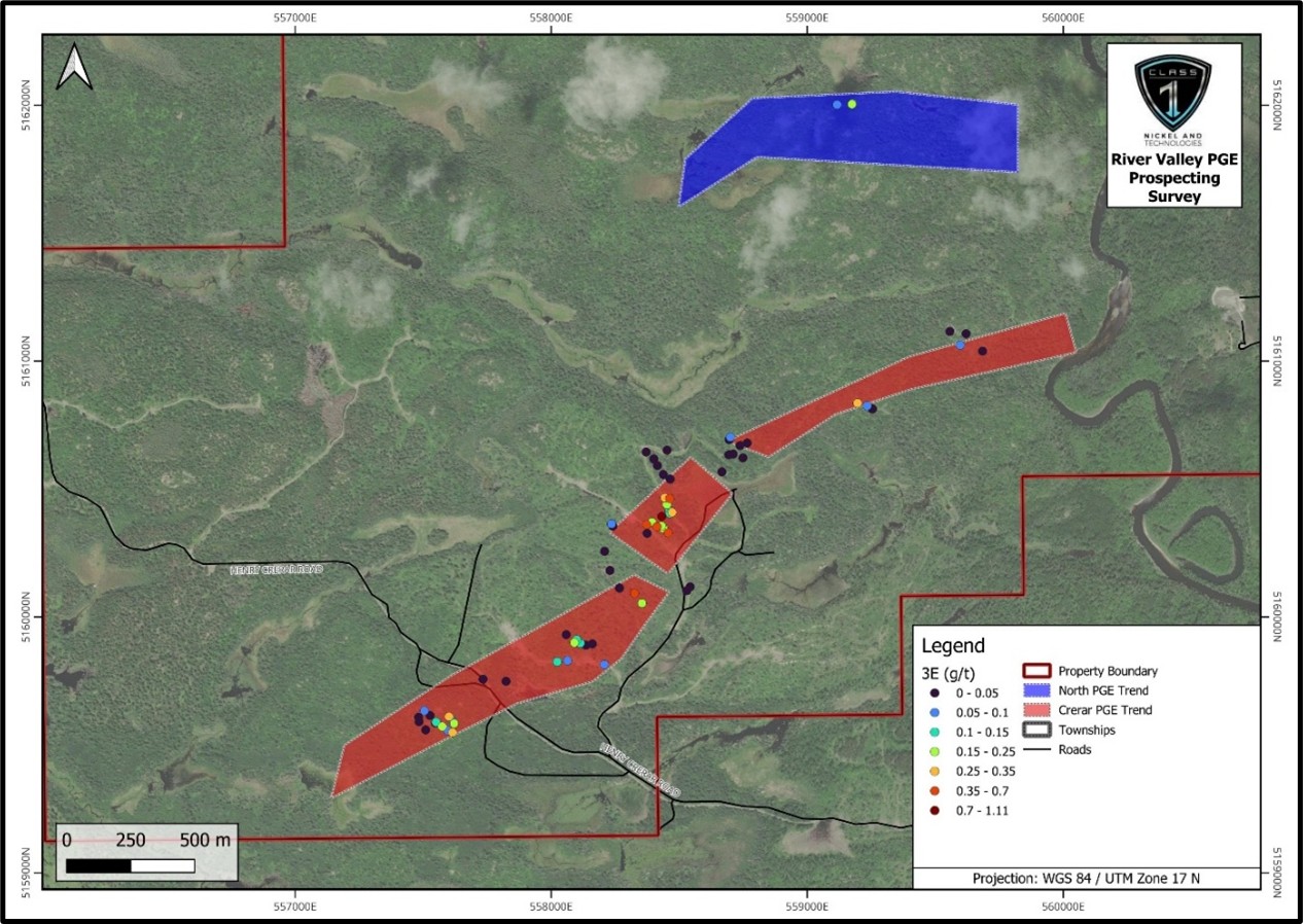 Close-up of the River Valley PGE Property and location of bedrock samples, showing 3E g/t (Pd+Pt+Au) concentrations in the Crerar and North PGE trends. 