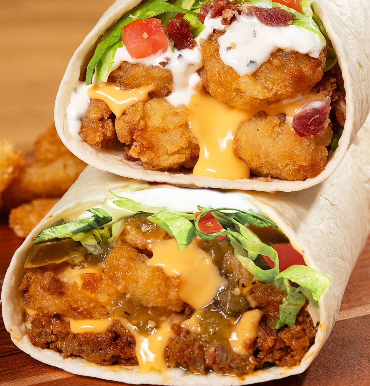 Crispy Chicken Bacon Ranch and Spicy Beef & Jalapeños Burritos