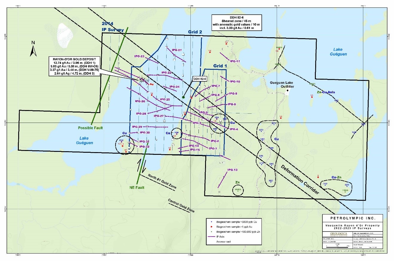 Location of IP grid surveys and biogeochemical samples in the Rayon d’Or and Vauquelin Property.