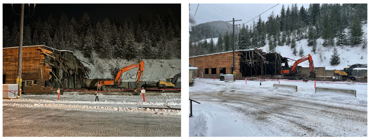 Demolition of the maintenance shop in preparation for mill construction is now fully underway