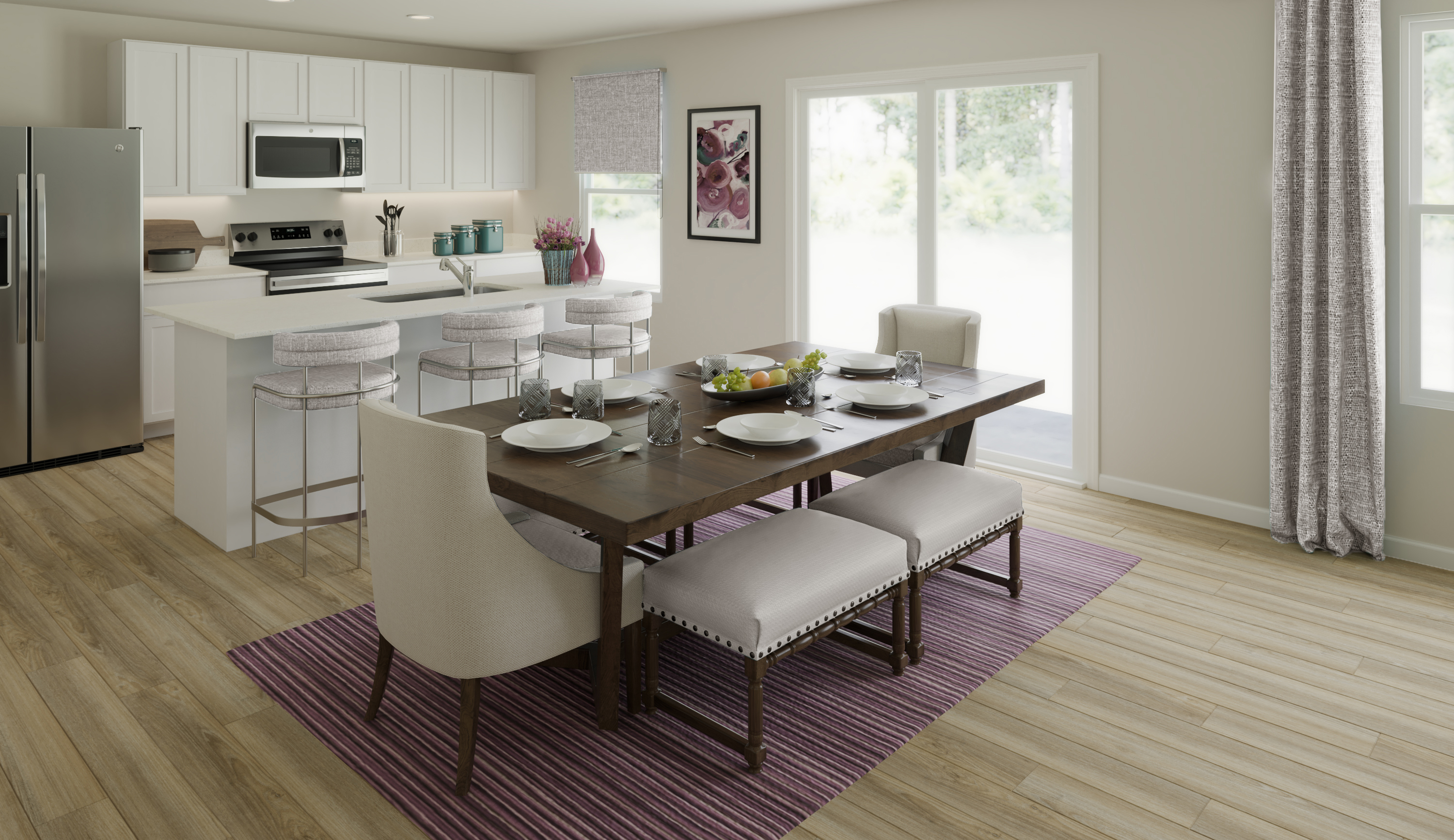 The kitchen and dining room of The Julep floor plan offered at Essence at Colonial Circle