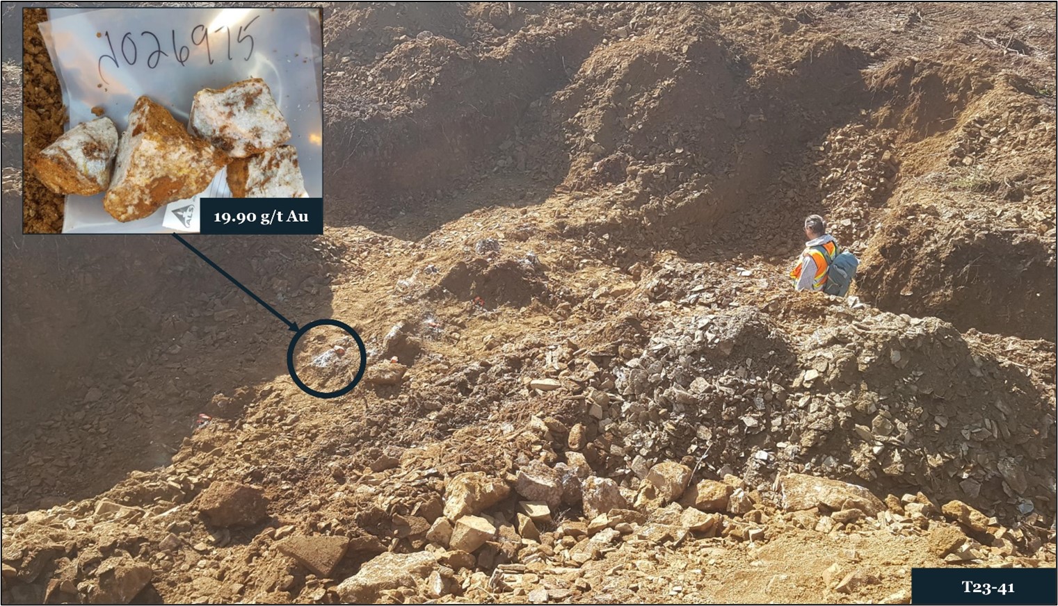 Trench 23-41 showing location of sample J026975 at the Tiger Gold Zone