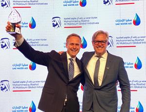 GivePower Founder, Chairman and CEO Hayes Barnard accepts the Mohammed bin Rashid Al Maktoum Global Water Award for its Solar Water Farm technology.