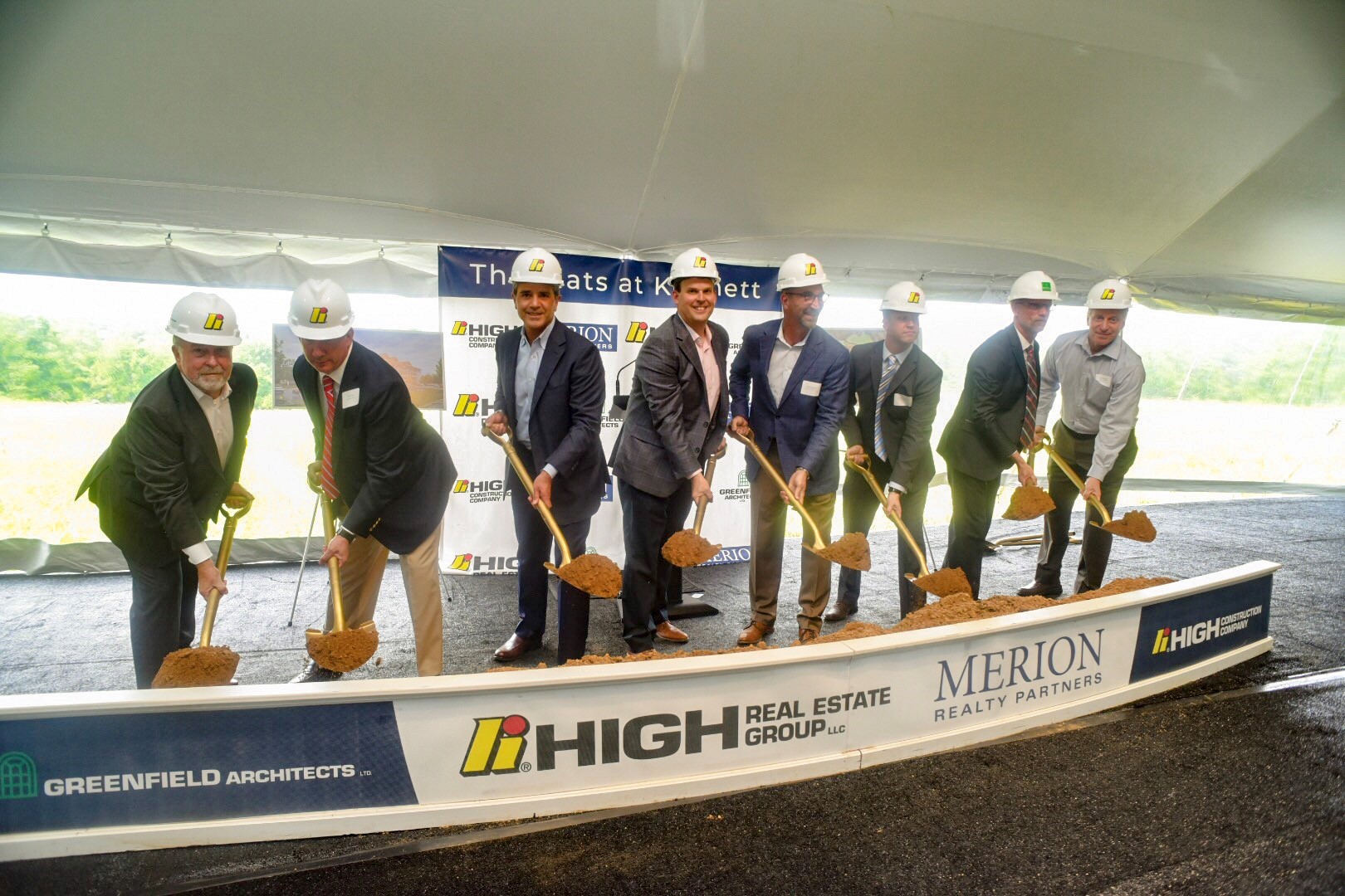 Participating in the groundbreaking ceremony for The Flats at Kennett left to right are:
Rick Stoudt, President, High Construction Company;
Tony Seitz, VP - Development, High Real Estate Group LLC;
Rich Aljian, Partner, Merion Partners;
Brad Mowbray, Senior VP - Residential, High Real Estate Group;
Andrew Soule, Vice President, M&T Bank;
Ross Ansel, Project Architect, Greenfield Architects Ltd.;
Richard Leff, Vice Chair, Kennett Township Board of Supervisors
