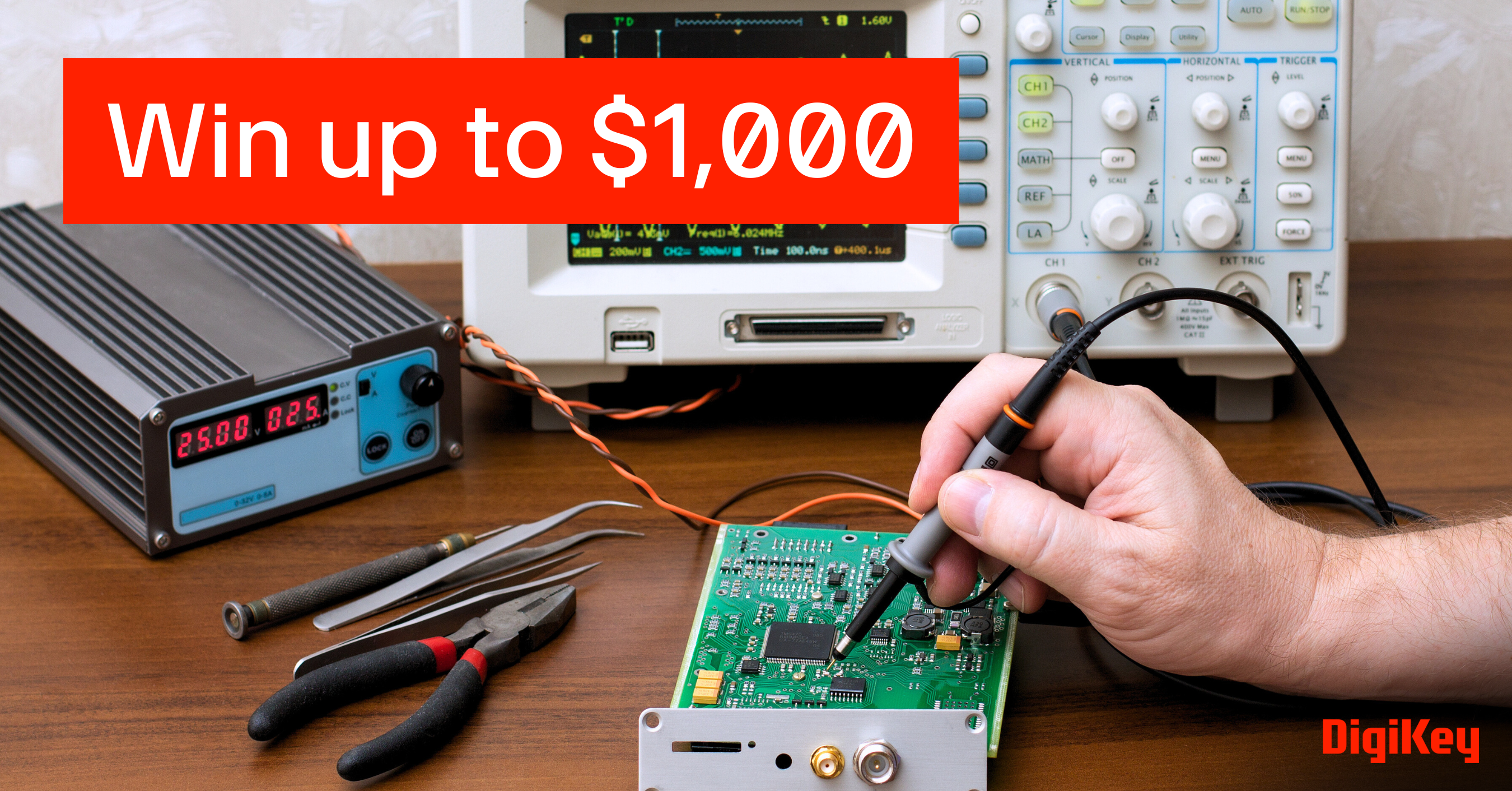 A hand holding a soldering iron and text "Win up to $1,000"