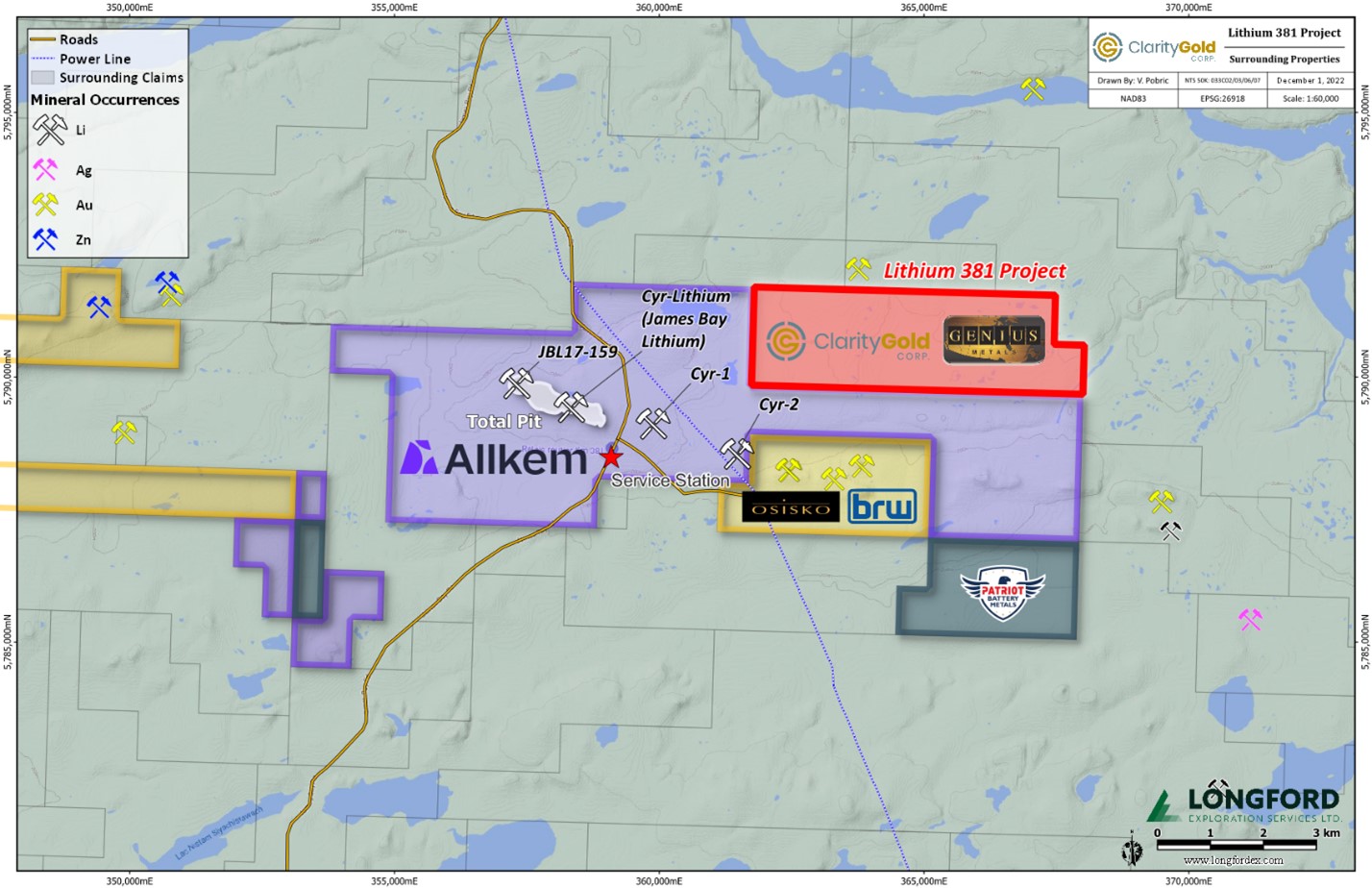 Location of Lithium 381 Project showing nearby properties and total pit outline on Allkem’s James Bay Lithium Project from the Allkem Feasibility Study.