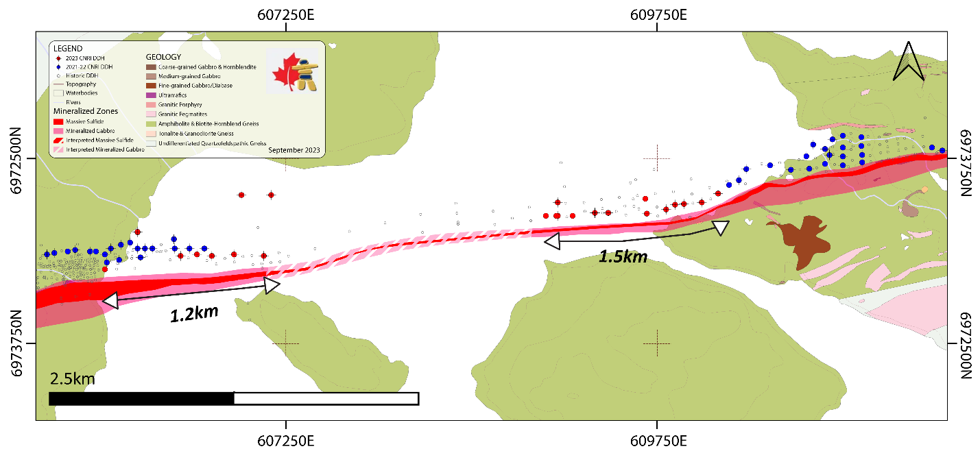 The Extensions of West Zone and East Zone as defined by the drill holes completed in the springs of 2022 and 2023 in addition to historic drill holes.