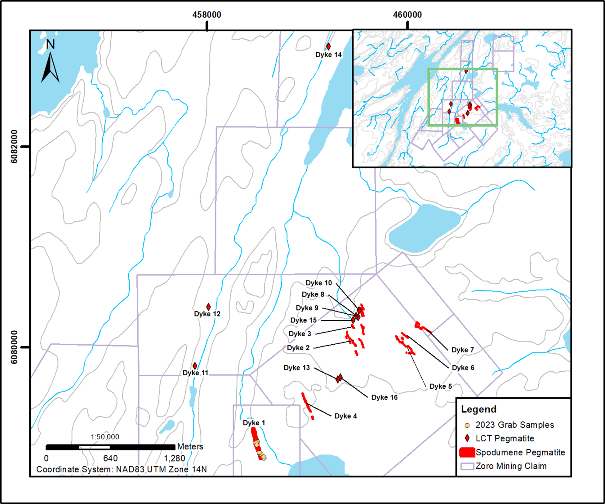 Overview of the Zoro Property showing spodumene-bearing pegmatites and untested LCT pegmatites which are targets for future exploration.