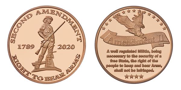 Second Amendment Coin in Copper -  Osborne Mint’s Second Amendment coin is the only piece in the collection that is minted in .999 pure copper.  The coins measure 1.54” in diameter and weigh one AVDP ounce pure copper.  The front lists the headlines: Second Amendment and The Right To Bear Arms along with an engraved minuteman soldier.  The reverse has the text of the second amendment and is adorned by a bald eagle.   For more information on Osborne Coinage visit our website at www.OsborneCoin.com.  #OsborneCoin  #America #Politics #MadeInTheUSA
