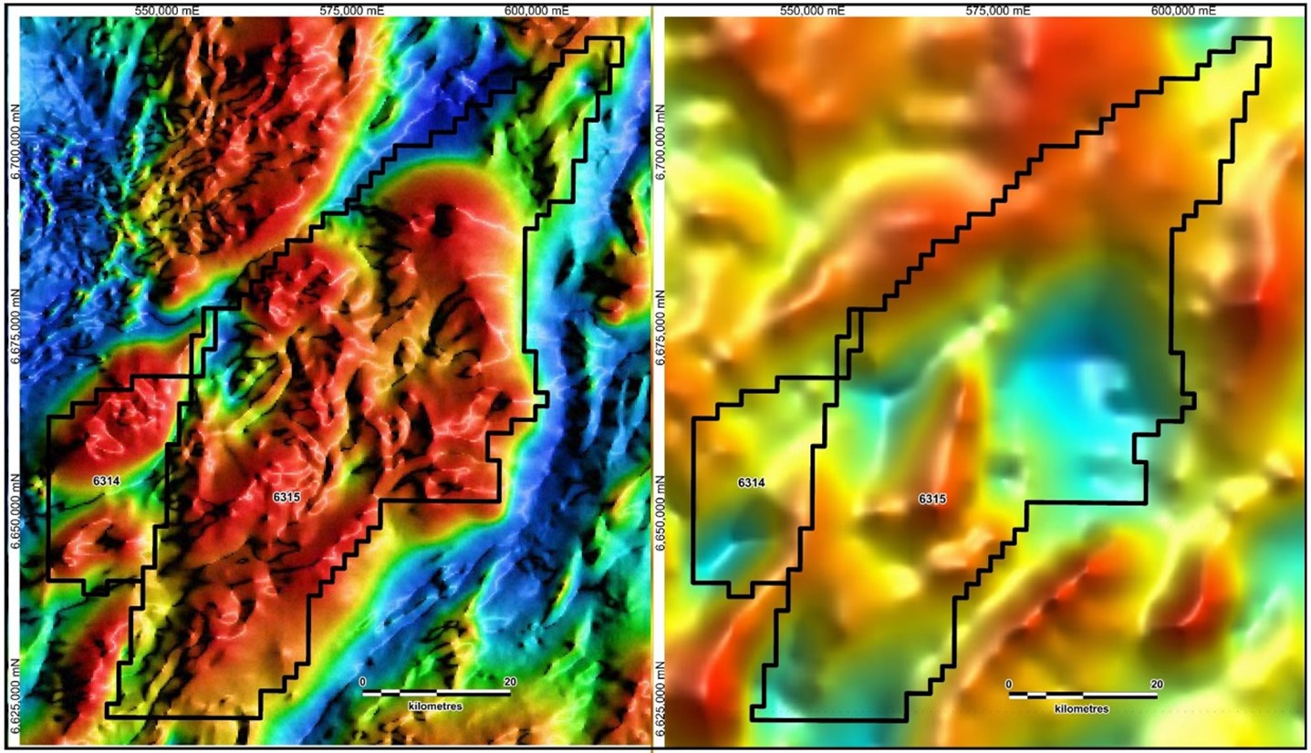Figure 3-  Ginghet North (ELA6314) & Walgett East (ELA6315) Exploration License Applications.  Total magnetic intensity, RTP airborne magnetic (left),