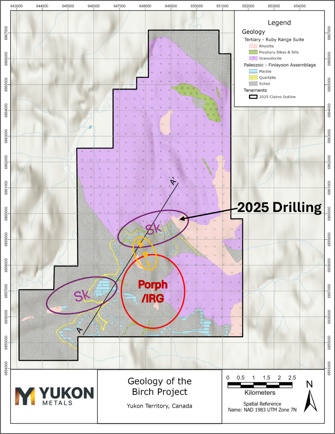Figure 7 – Simplified geological map of the Birch Project showing key intrusive and metasedimentary units.