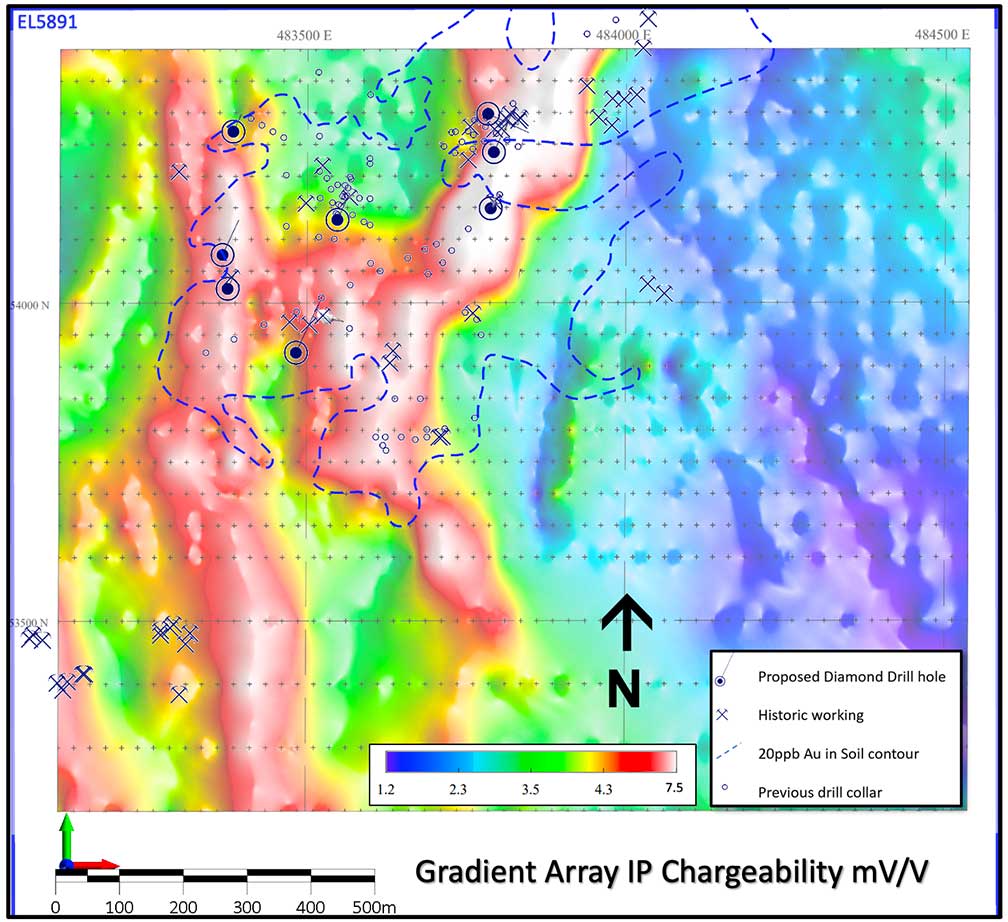 Fig-2–Gradient-Array-IP-Chargeability-with-gold-in-soil-contour-and-8-proposed-drill-hole-locations