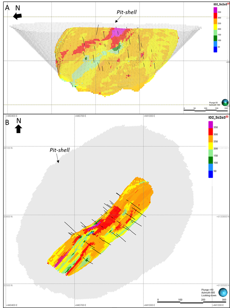 Longitudinal (A) and plan view (B) showing the pit-shell and the scandium grade distribution above Gog of the TG Zone, Crater Lake Project, Quebec