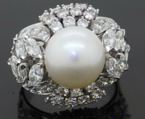 Vintage heavy Platinum 5.44CT VS1-F diamond cluster & 12mm pearl ring size 8.25. Sold for $5,200 at last week’s SFLMaven Famous Thursday Night Auction