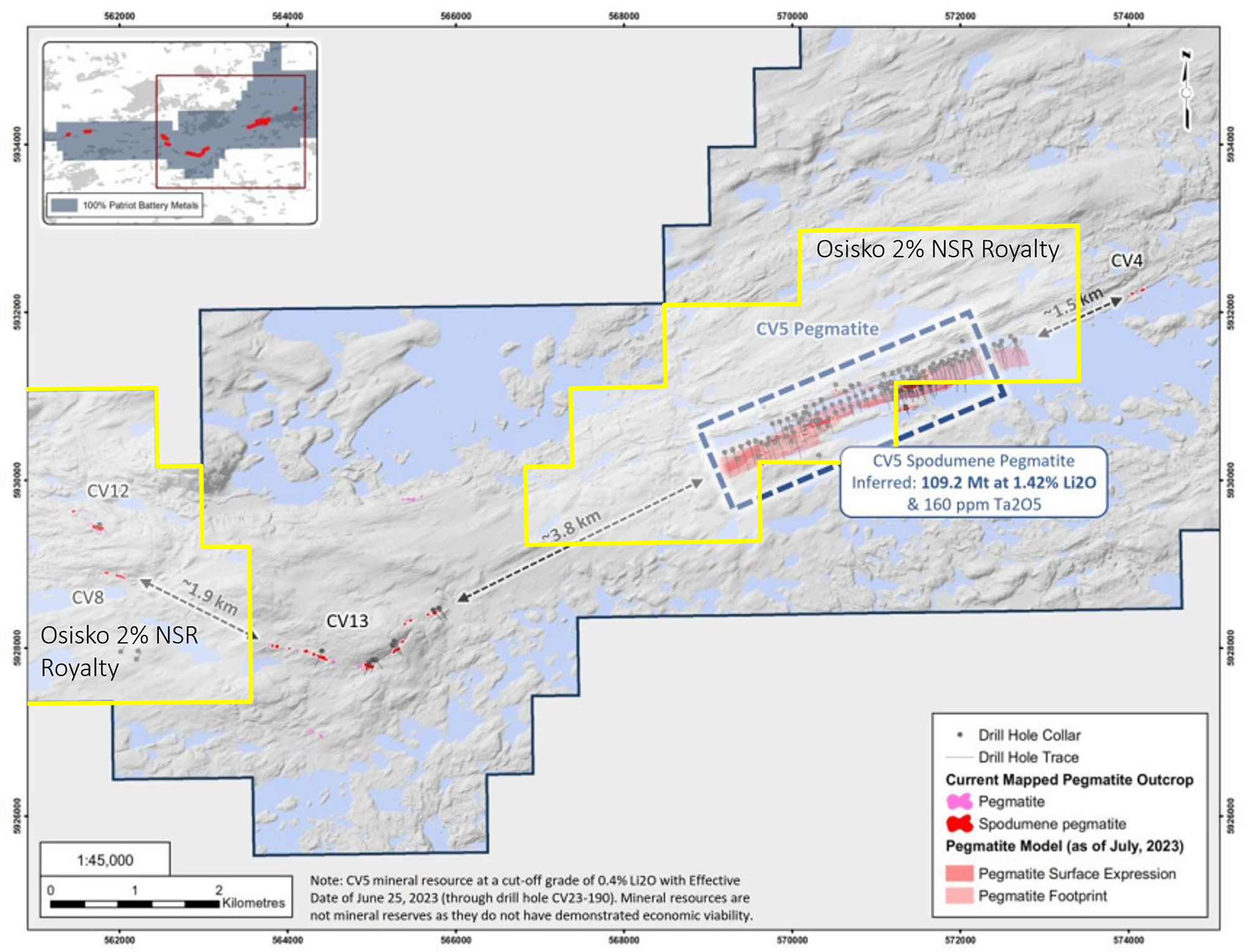 Figure 1: Map from Patriot’s July 30, 2023 press release with Osisko’s 2% NSR Lithium Royalty coverage overlayed in a yellow outline.