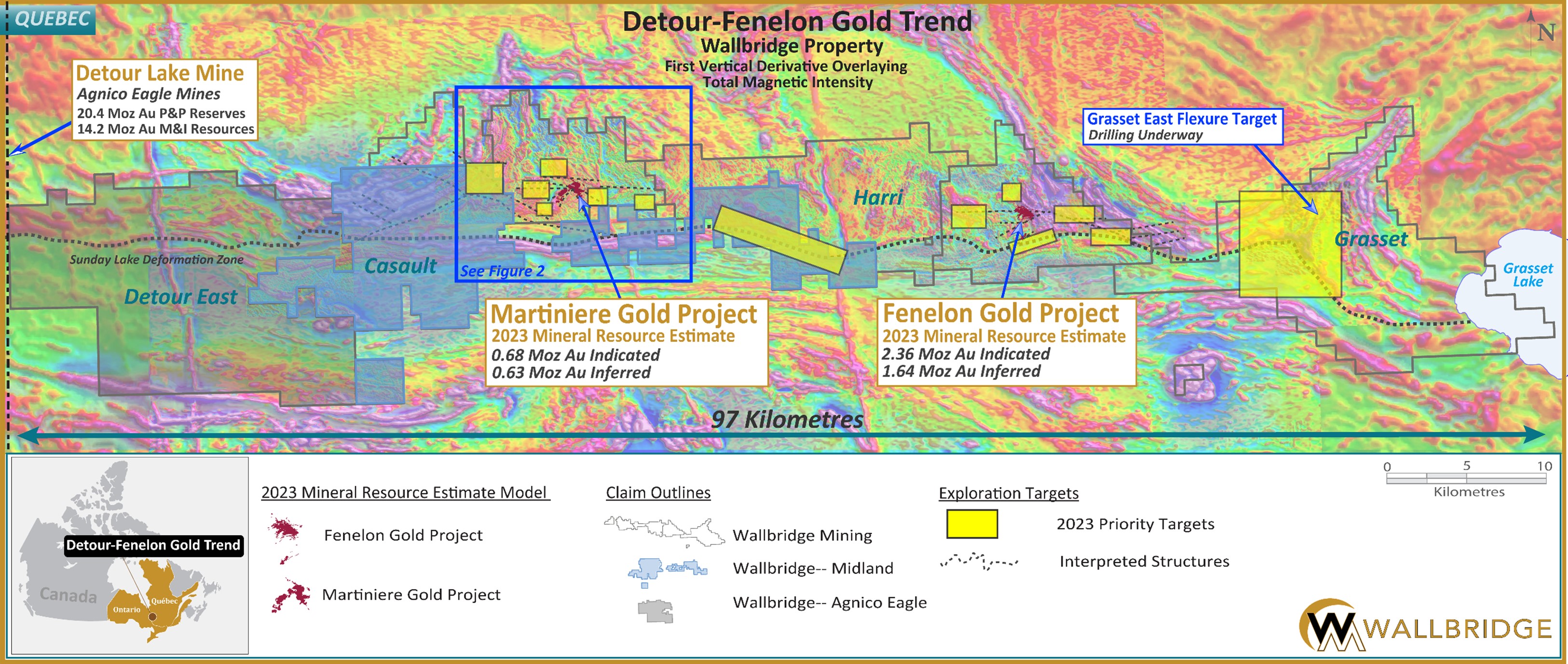 Wallbridges Detour-Fenelon Gold Trend land package and 2023 priority exploration target areas.