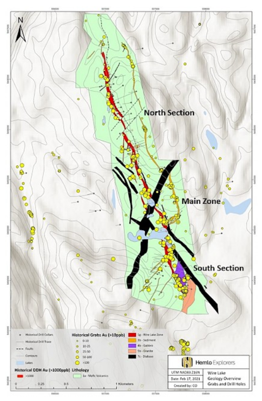 Map of the Wire Lake Zone showing historical drill holes and grab sampling.