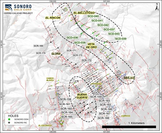 Sonoro Gold Cerro Caliche Project: Map of Cerro Caliche Drill Holes Being Reported