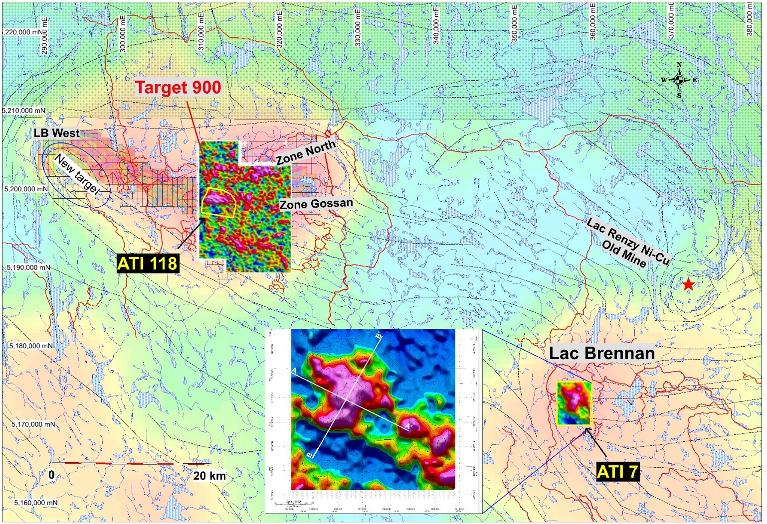 Cross-sections A–A’ and B–B’ from the April 2024 gravimetry survey conducted by MPH at the Lac Brennan property, located approximately 50 km southeast of SRQ’s flagship Lac Brulé property and 20 km southwest of the historical Lac Renzy nickel-copper mine. The central gravity anomaly at Lac Brennan is strikingly similar to that at Target 900, further highlighting regional prospectivity.